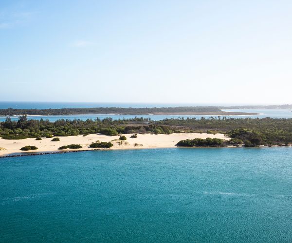 View of beaches and water from Lakes Entrance Lookout