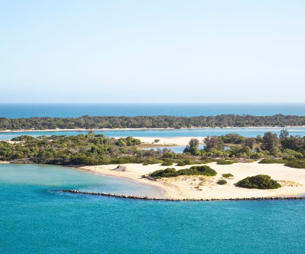 View of beaches and ocean from Lakes Entrance Lookout