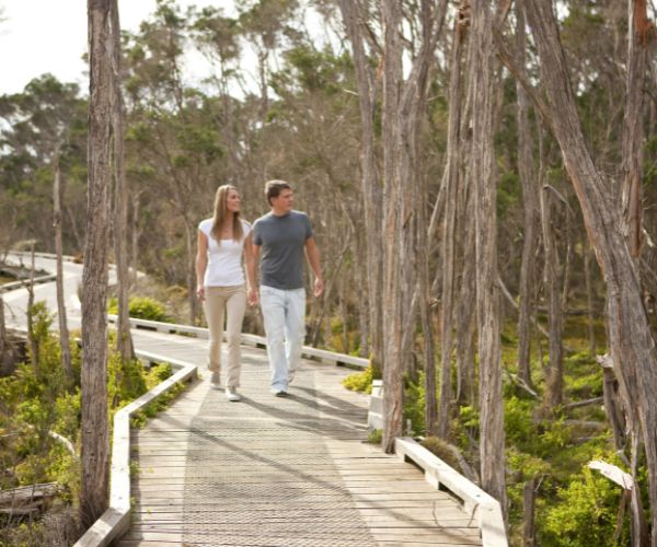 People walking on boardwalk at Rhyll Inlet, Phillip Island