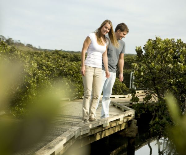 People walking on boardwalk at Rhyll Inlet, Phillip Island